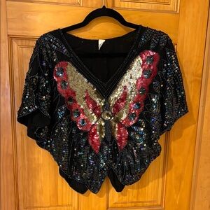 70s Vintage Sequin Butterfly V-Neck Women’s Silk Top